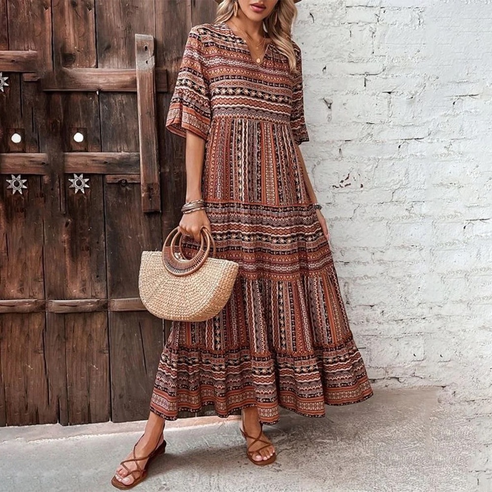 Elegant Retro Half-Sleeve Striped Maxi Dress in Red and Brown multi